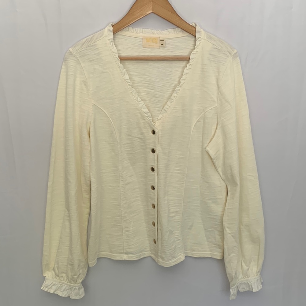 Nation LTD Ivory Gold Edwardian Snap Front Ruffle V-Neck Top Size L | - Picture 5 of 16